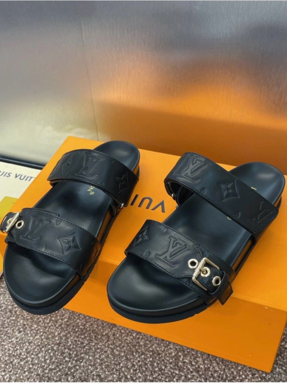 Louis Vuitton in Black Monogram Buckle Slide Sandals - Picture 2 of 3